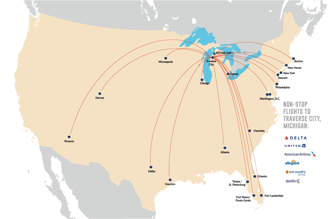 Map of Direct Flights to TVC